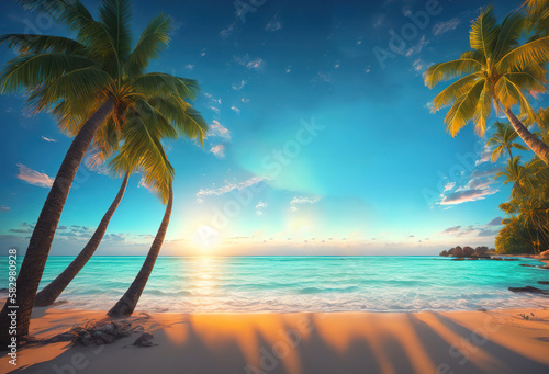 beautiful photo of sunshine sun leaks on beach with palm trees generative ai