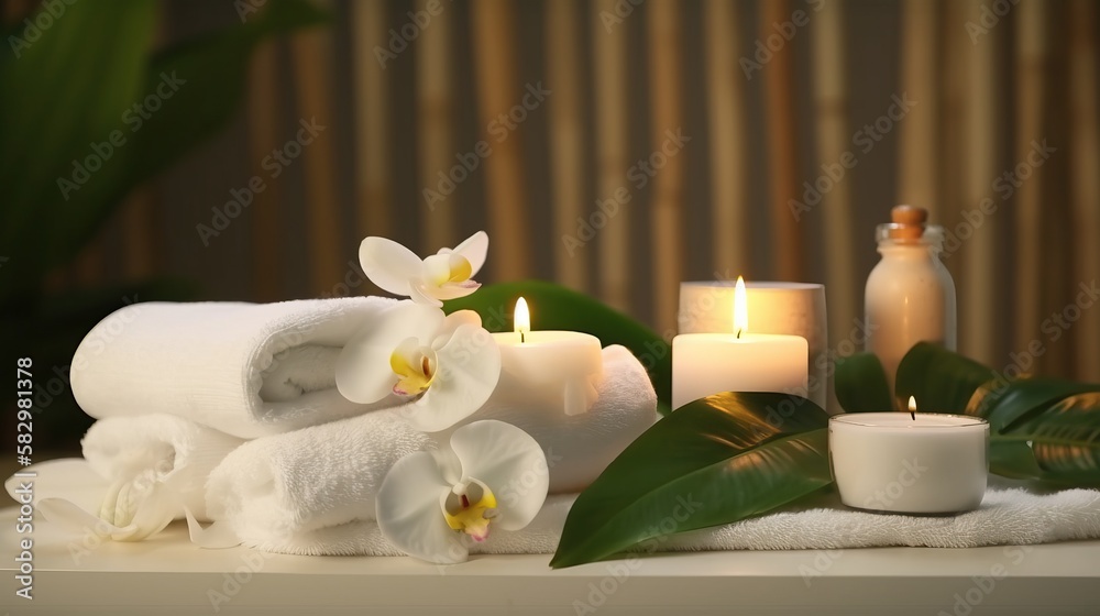 spa composition on massage with Soft White Towels, Essential Oils, flower, Candles, and Relaxation. Generative AI spa composition on massage with Soft White Towels, Essential Oils, flower, Candles, and Relaxation. Generative AI