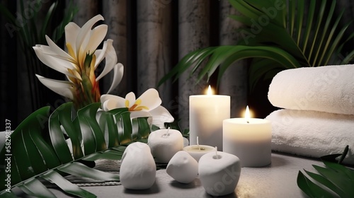 spa composition on massage with Soft White Towels  Essential Oils  flower  Candles  and Relaxation. Generative AI 