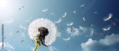 Dandelion With Seeds Blowing Away Blue Sky, Generative AI.
