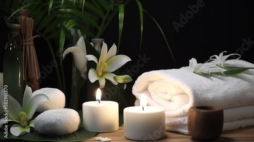 spa composition on massage with Soft White Towels, Essential Oils, flower, Candles, and Relaxation. Generative AI 