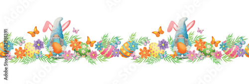 Seamless border with gnomes with bunny ears and Easter eggs on a background of leaves, flowers and butterflies. Designs for cards, banners, fabrics, etc.