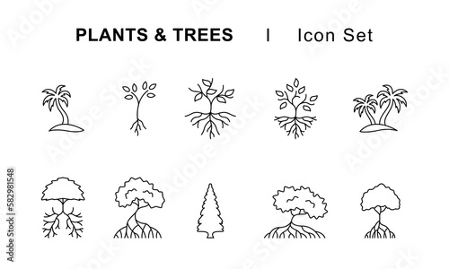 Plants and trees icons set. Editable stroke.