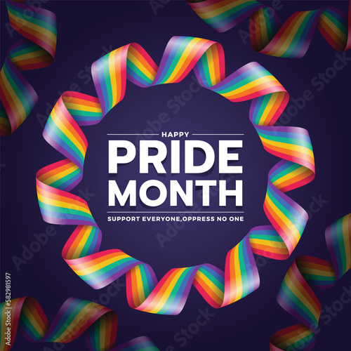 Happy pride month text in circle rianbow pride ribbon roll waving frame on dark purple background vector design