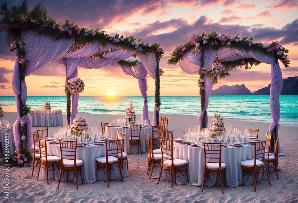 Beach weddding table restaurant table decorated with flowers generative ai