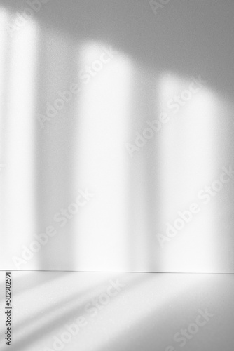 Abstract white studio background for product presentation. Empty room with shadows of window. Display product with blurred backdrop.