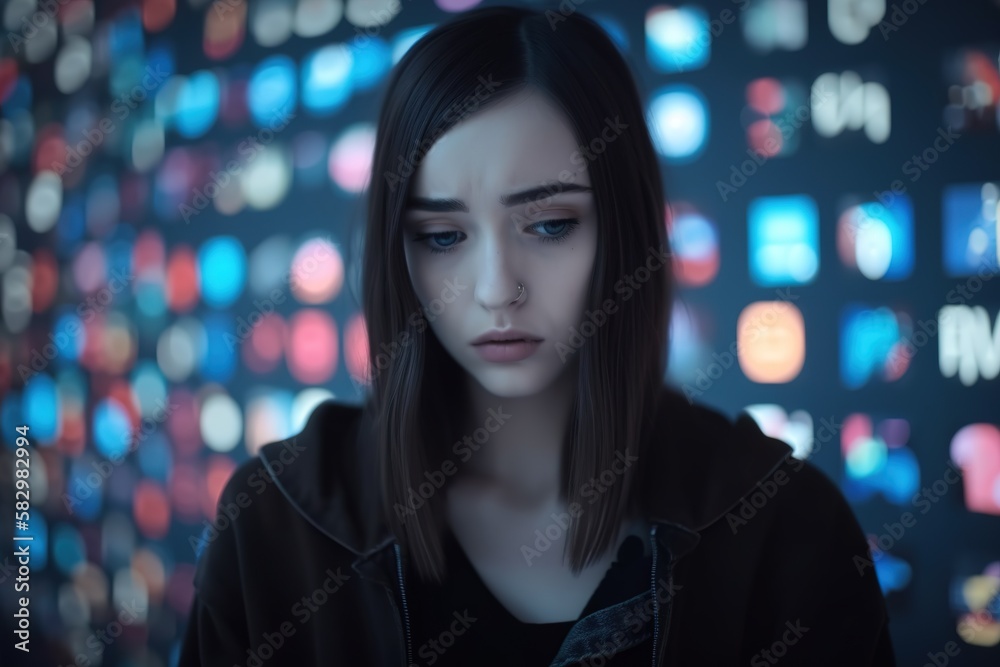 Young sad woman in the depressing world of mobbing and social media. Generative AI. Young sad woman in the depressing world of mobbing and social media. Generative AI.