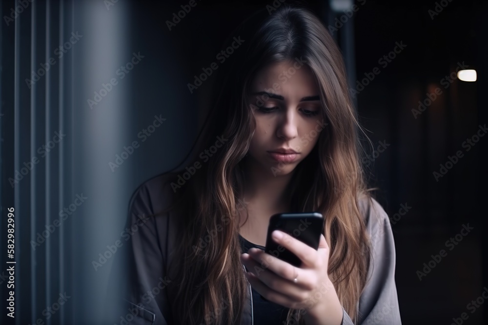 Young sad woman in the depressing world of mobbing and social media. Generative AI. Young sad woman in the depressing world of mobbing and social media. Generative AI.