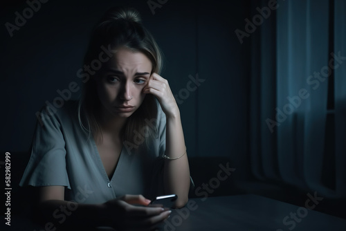 Young sad woman in the depressing world of mobbing and social media. Generative AI.