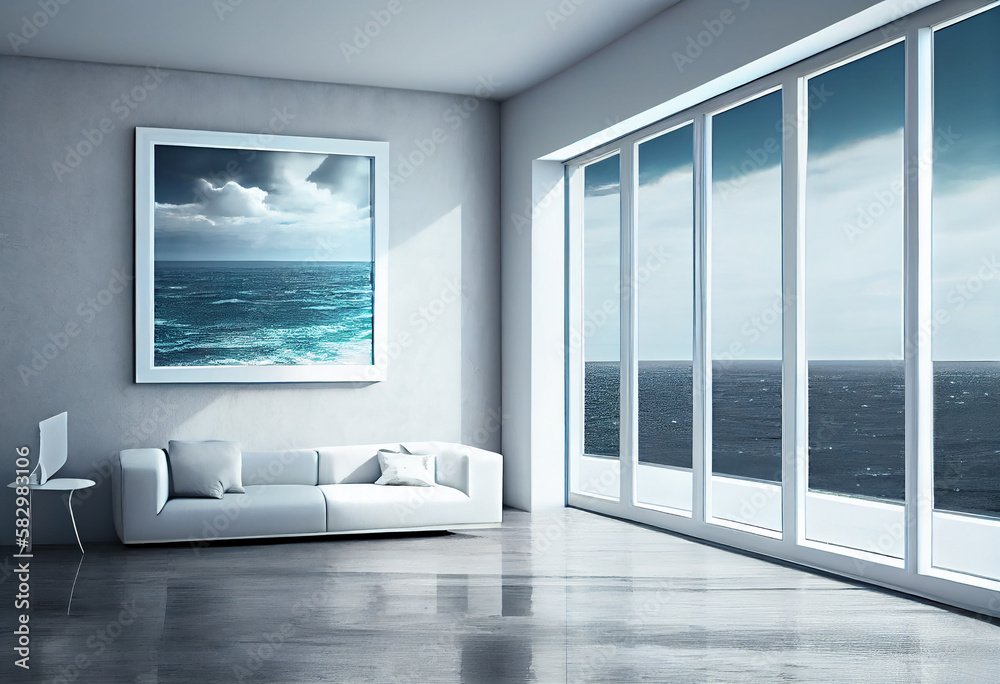 Fototapeta premium white empty room with sea view Generative by ai