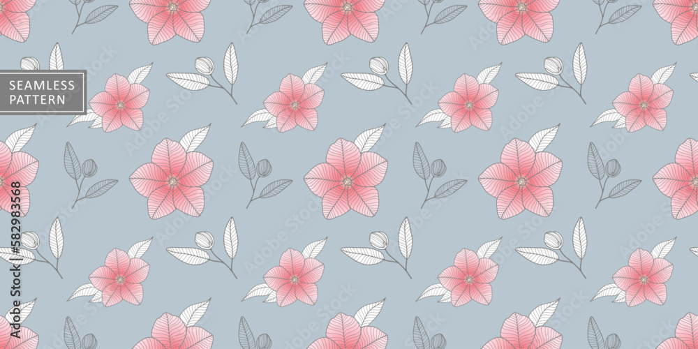 Vector floral seamless pattern with pink flowers and white leaves for textiles, wrapping paper, covers, backgrounds