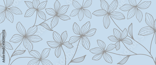 Vector floral blue background with outlines of flowers  twigs and leaves for decor  covers  backgrounds  wallpaper