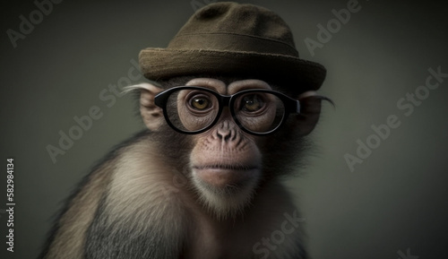 Monkey wearing glasses holding a camera poses for a photo,