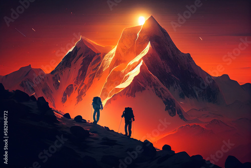 Group of mountaineers. Multiple high alpine climbers in front of a gigantic mountain. Designed using generative ai.