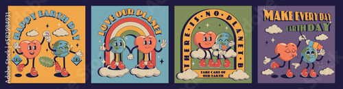 Collage retro cartoon posters with funny comic characters, gloved hands. Modern illustration with cute Earth and Heart. Hand drawn doodles eco save planet concept. Set in modern cartoon style