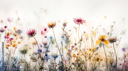 wispy flowers in soft watercolors with white background - generative ai