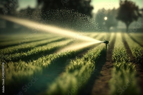 Modern watering system on farming using sprinklers photo