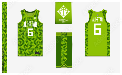 Basketball uniform mockup template design for basketball club. Basketball jersey, basketball shorts in front and back view. Basketball logo design. 