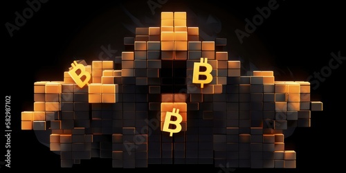 Bitcoin blocks, in the style of a geometric polymorph, gold and dark