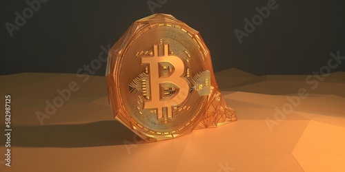 Bitcoin token, in glass sphere, gold logo 3D