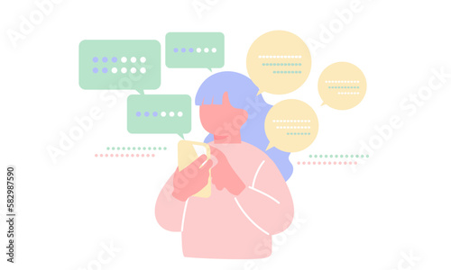 スマートフォンを持つ女性AIチャットをイメージしたイラスト　
