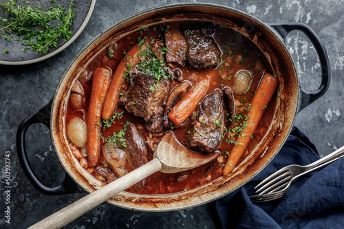 Quadro su tela Boeuf bourguignon, traditional specialty, beef stew cooked in red wine with onio