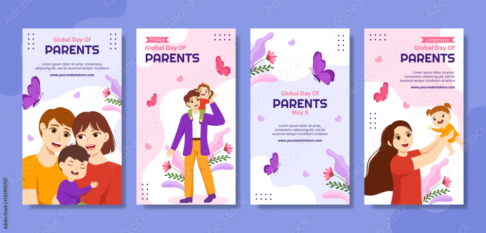 Global Day of Parents Social Media Stories Flat Cartoon Hand Drawn Templates Background Illustration