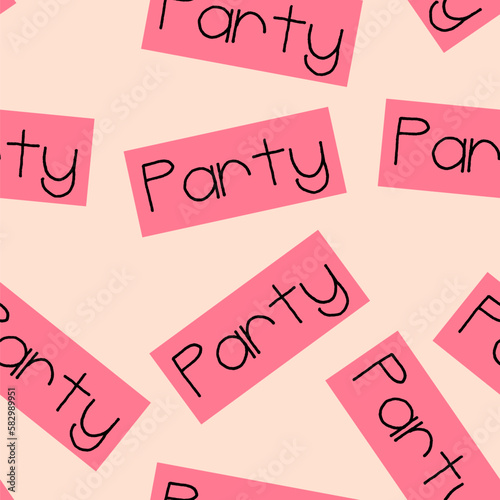 Colourful party invitation seamless background. Vintage style. Pink stickers on beige backdrop. Vector illustration.