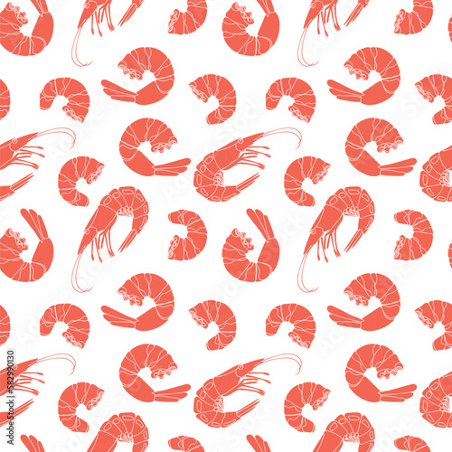 Shrimp seamless pattern pink. Seafood, wallpapers and fabrics for the kitchen. Asian food.