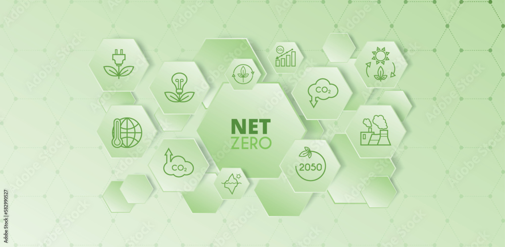 Netzero Background Simple Net zero and carbon neutral concept. Hexagon banner on green background ...