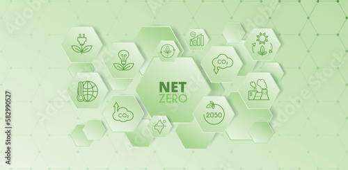 Net zero and carbon neutral concept. Hexagon banner on green background. Net zero greenhouse gas emissions target. Vector illustration.