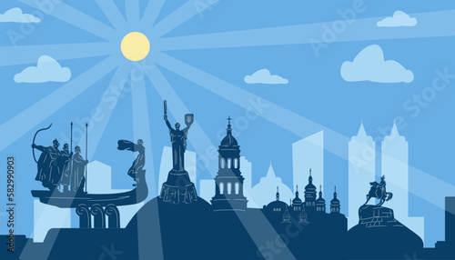Panorama of Kyiv on a sunny day, Vector illustration of the capital of Ukraine. Ukraine skyline.