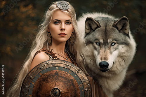 portrait of a viking shield maiden with a wolf guide - Created with generative AI technology photo