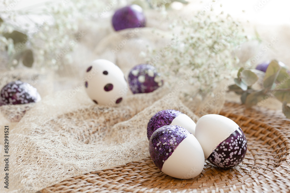 Festive Easter background with decorative eggs, close up.