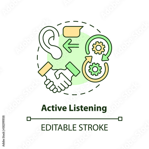 Active listening concept icon. Value experience. Effective advocate trait abstract idea thin line illustration. Isolated outline drawing. Editable stroke. Arial, Myriad Pro-Bold fonts used