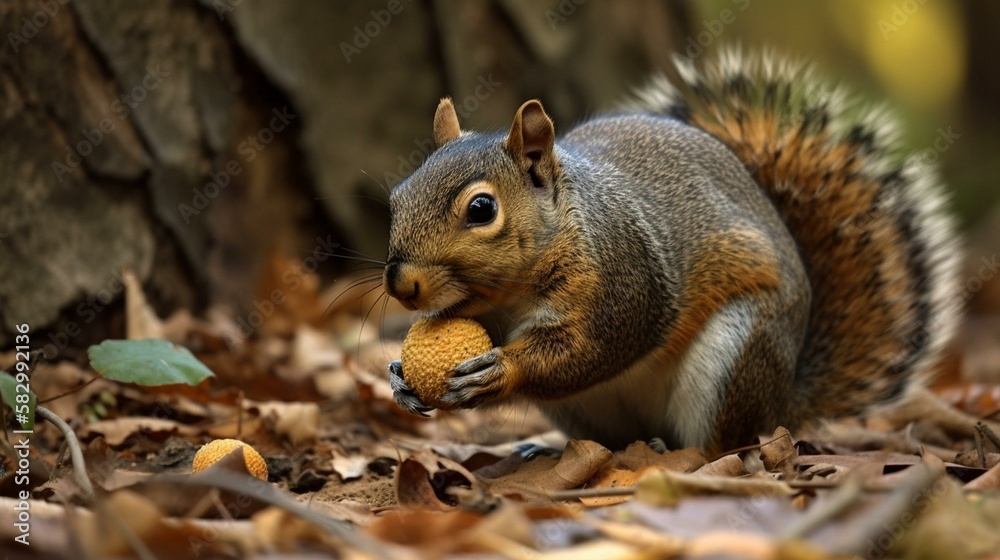 A chubby squirrel hoarding acorns in its paws and mouth Generative AI A chubby squirrel hoarding acorns in its paws and mouth Generative AI