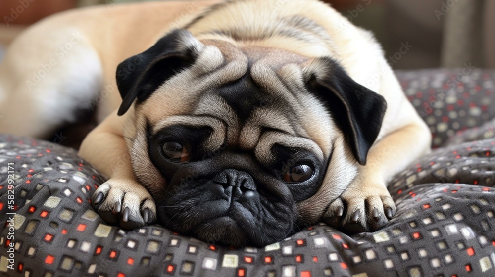 A portly pug snoozing on a cushion with its tongue sticking out Generative AI