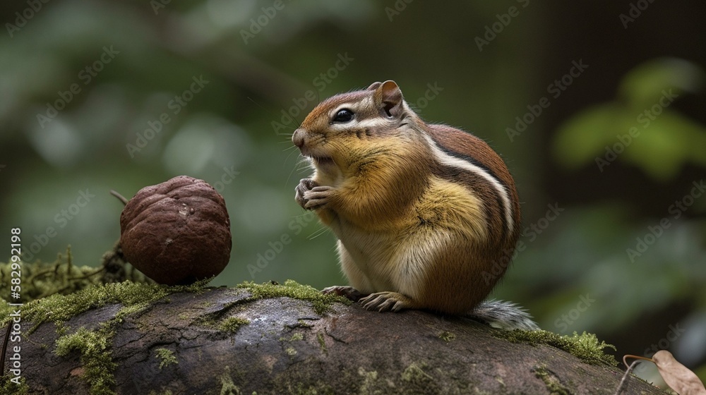 A chubby chipmunk munching on a nut while perched on a tree branch Generative AI