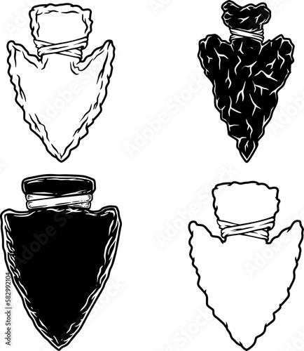 Set of Illustration of stone arrowhead. Design element for poster, card, banner, logo, emblem. Vector illustration