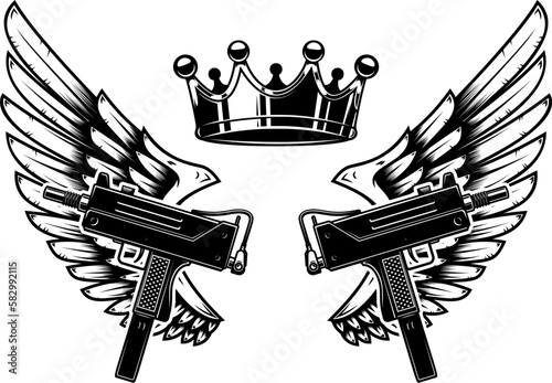 Two guns and wings with king crown. Design element for logo, label, sign, poster, badge. Vector illustration
