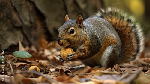 A chubby squirrel hoarding acorns in its paws and mouth Generative AI