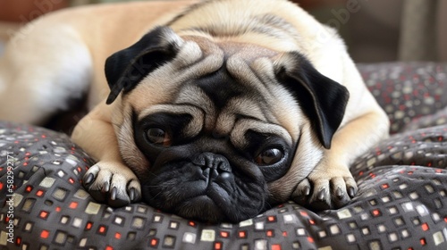 A portly pug snoozing on a cushion with its tongue sticking out Generative AI
