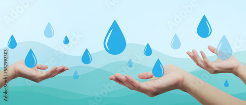 World water day and water droplet for ecology concept and Paper Cut style. lifestyle, lifestyle, Natural, saving, environment, banner, copy space, website -3d Rendering