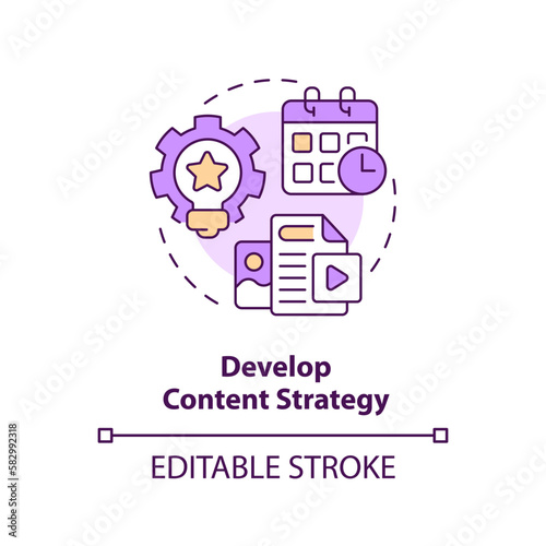 Develop content strategy concept icon. Social media feature for advocacy abstract idea thin line illustration. Isolated outline drawing. Editable stroke. Arial, Myriad Pro-Bold fonts used