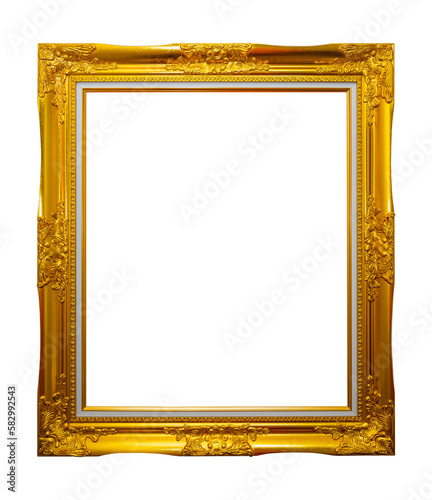 Golden frame for paintings isolated on white background, Full transparent PNG.