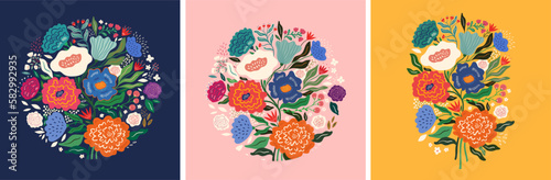 Beautiful flower collection of posters with roses, leaves, floral bouquets, flower compositions. 