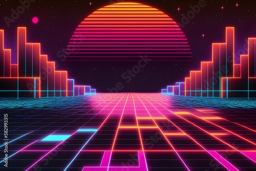 Abstract neon colorful retro synthwave style background