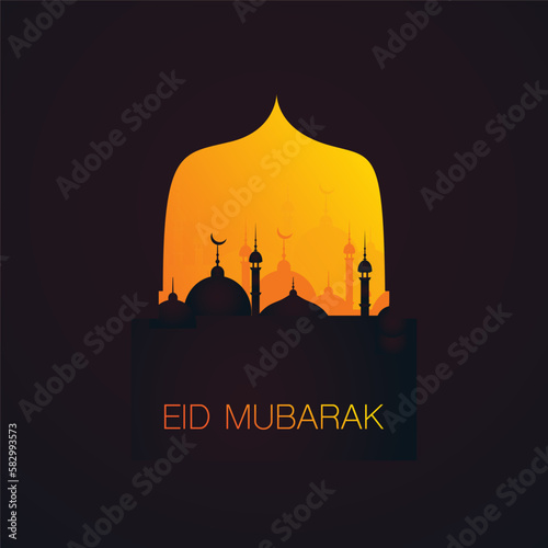 Ramadan Kareem or Eid Mubarak - Dark Greeting Card Design for Muslim Community Festival with Golden Mosque Silhouettes in the Darkest Night