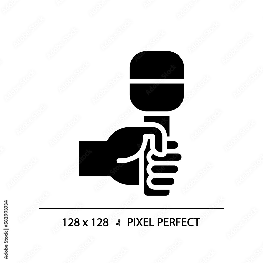 Hand with microphone pixel perfect black glyph icon. Audio recording equipment. Journalist with mic at interview. Silhouette symbol on white space. Solid pictogram. Vector isolated illustration