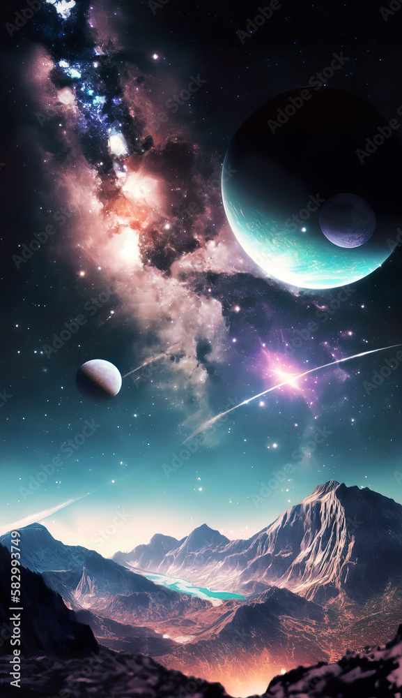 Fototapeta premium Planet galaxy view, smartphone wallpaper, (generated ai)